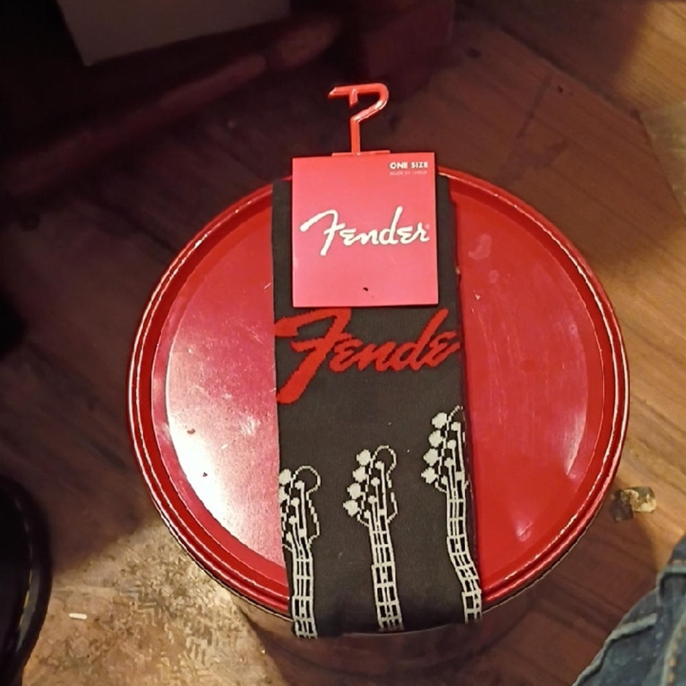 Fender Black Strap with Red Logo and White Guitar Design
